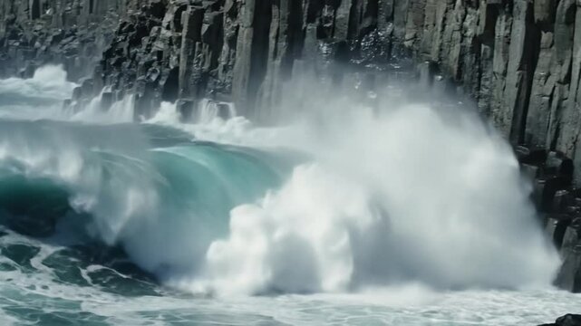 Powerful ocean waves crashing against basalt columns creating an impressive natural spectacle of water and rock on a sunny day