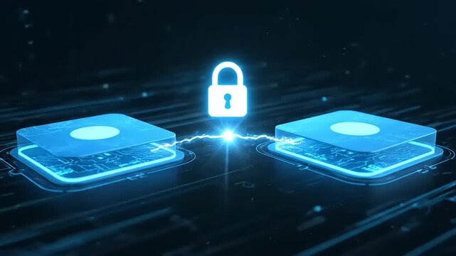 Digital security lock connecting two data blocks on circuit board.