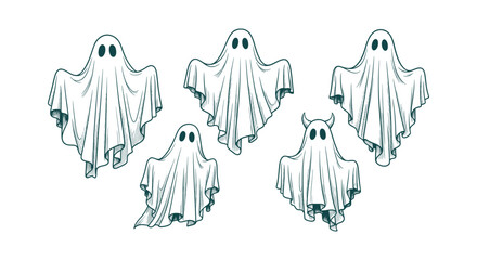 Set of Hand Drawn Sketched Ghosts Illustrations for Halloween Party Decor and Spooky Graphic Design