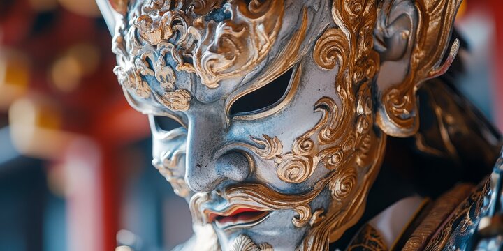 Traditional japanese noh mask showing an old bearded man with golden decorations