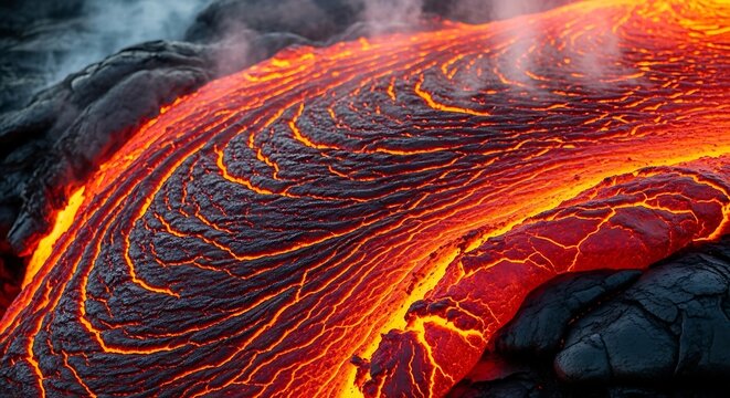 Molten lava flow with vibrant orange and yellow hues on dark volcanic rock