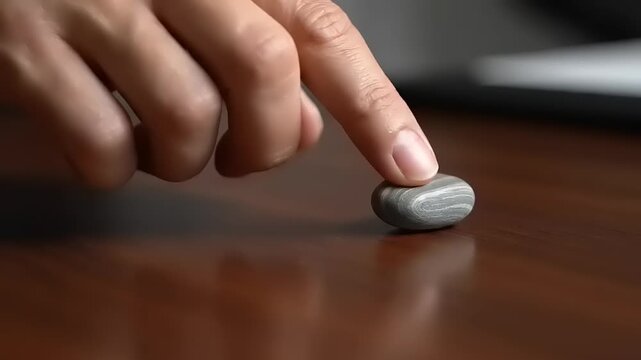 Finger touching a smooth gray stone on a wooden table.