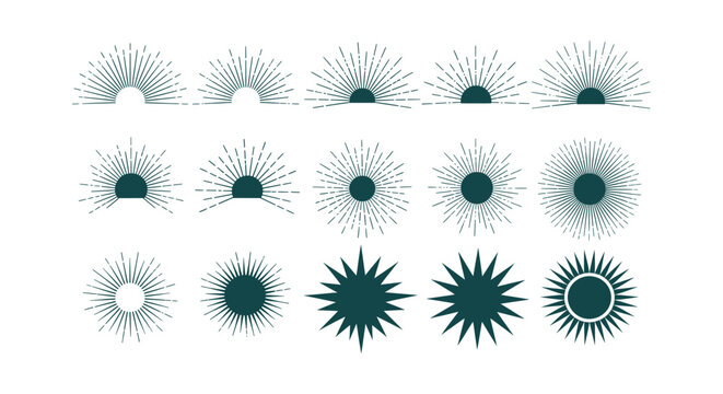 Vintage Sun and Sunburst Vector Graphics Set for Minimalist Branding and Celestial Illustrations