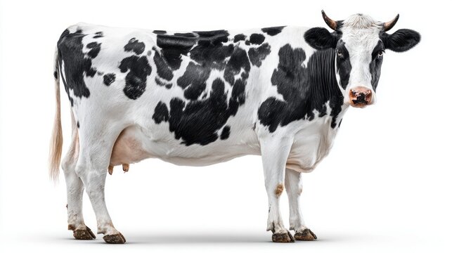 A black and white Holstein cow stands elegantly against a clean white background