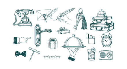 Antique Hotel Service and Travel Elements Hand Drawn Sketch Set with Luggage Key and Rotary Phone © Bilkis Islam