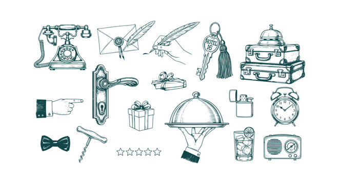 Antique Hotel Service and Travel Elements Hand Drawn Sketch Set with Luggage Key and Rotary Phone