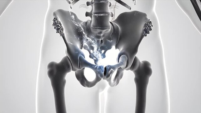 Detailed 3D CGI medical animation of the human pelvic bone structure with glowing elements highlighting key anatomical areas isolated on a clean white background for healthcare education and