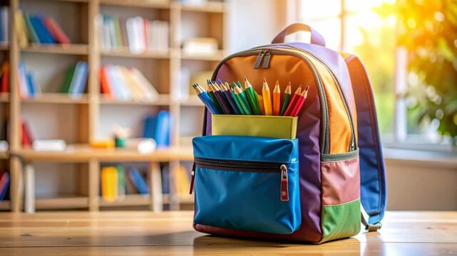 Vibrant multi colored school backpack filled with bright pencils on a wooden desk in a sunny library classroom setting