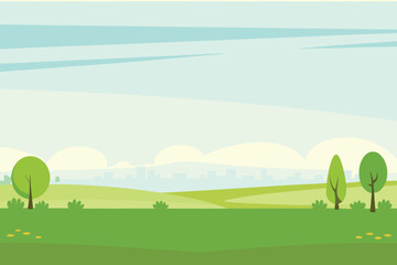 Obraz premium Stylized Landscape with Rolling Hills Trees and Distant City Skyline Illustration