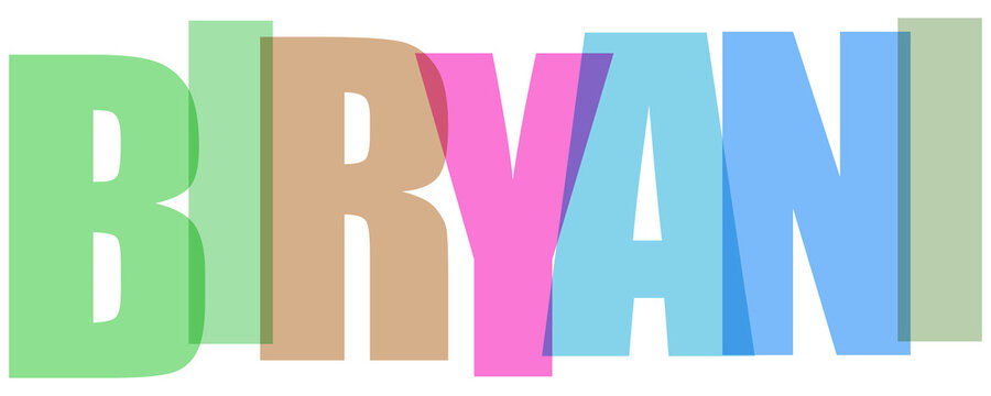 Colorful uppercase letters spelling BRYAN with transparent overlap on transparent background
