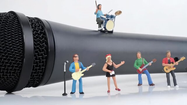 Miniature Music Band Performing on a Giant Microphone Stage