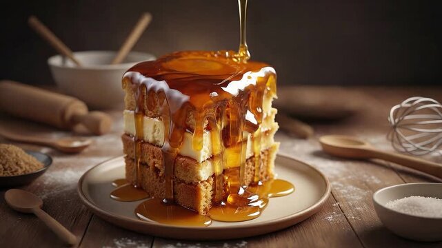 Close up of pouring honey into a slice of layered honey cake, delicious dessert