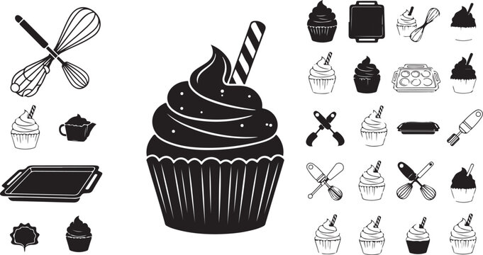Black and white cupcake illustration with baking tools