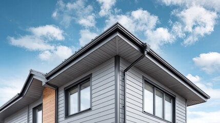 Obraz premium Modern home exterior with gray siding and a blue sky