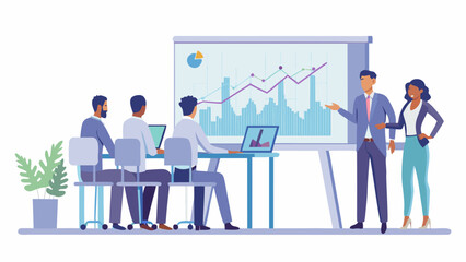 Obraz premium Business team analyzing data on projector screen in modern office setting