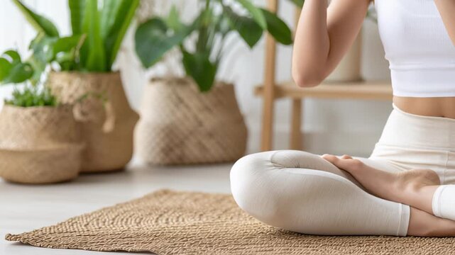 Woman practicing mindful meditation in tranquil indoor setting with natural decor