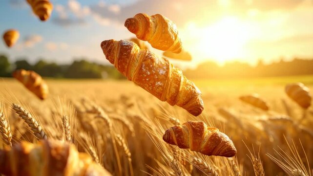 Golden croissants levitating above a ripe wheat field under a warm glowing sunset