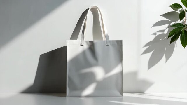 Minimalist white canvas tote bag mockup on a clean wall background with natural plant shadows and bright sunlight