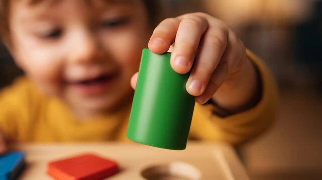 Smiling toddler boy playing with a colorful wooden shape sorter, fitting a green cylinder into a hole. warm indoor playroom scene showing fine motor learning and joyful expression.
