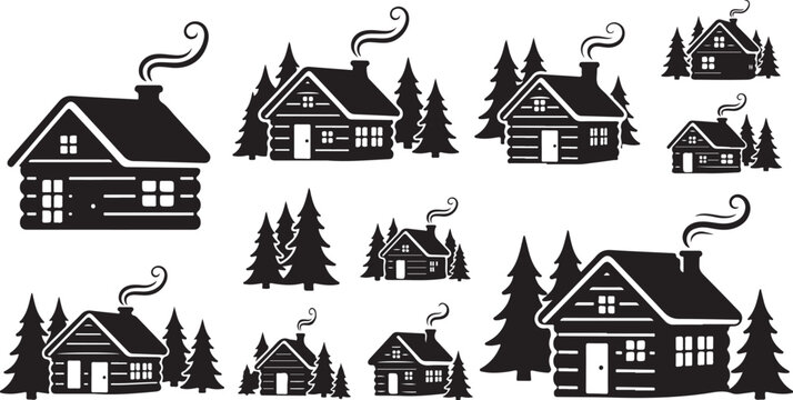 Black and white log cabins in the forest