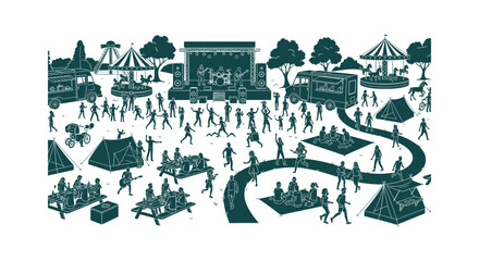 Obraz premium Crowded Outdoor Summer Music Festival Illustration with Band Stage Food Trucks and Camping Area