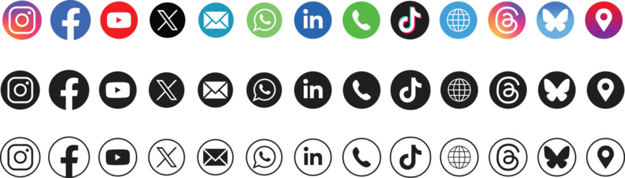 Ultimate Social Media and Communication Icon Bundle with Instagram, Facebook, X, TikTok, Threads, and BlueSky in Three Styles