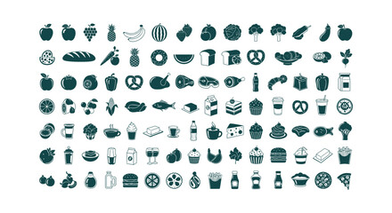 Comprehensive Collection of Food and Drink Icons Featuring Fruits Vegetables Bakery Meat and Dairy © Bilkis Islam