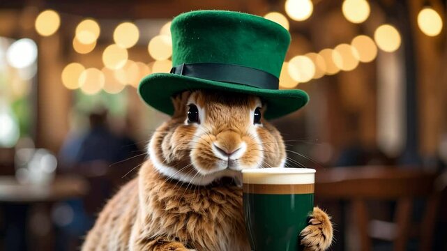 Adorable brown bunny in a green top hat celebrating St Patricks Day with a cold glass of dark beer in a tavern