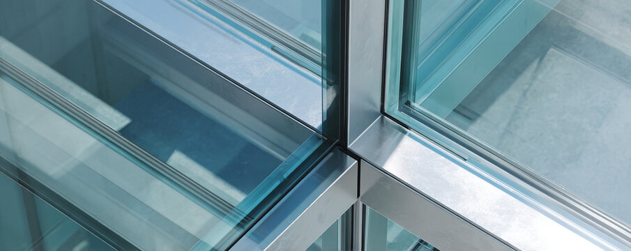 Precision glass seams and straight-edge metal mullions close-up 32k ultra HD