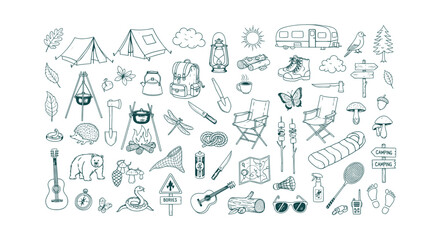 Fototapeta premium Outdoor Camping Adventure Doodle Collection with Hiking Equipment, Nature Elements and Wild Animals