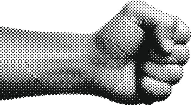 Abstract halftone dot illustration of a human fist, showcasing varying dot densities for depth and shading