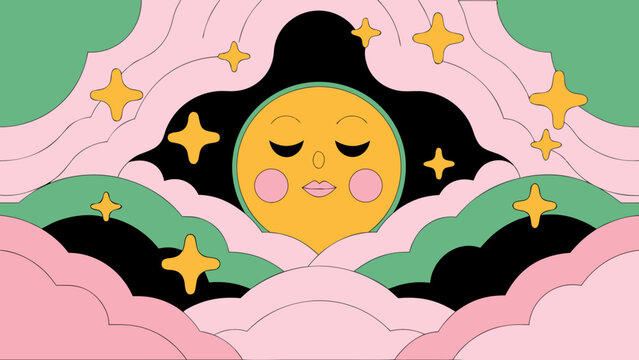 A serene sleeping moon with closed eyes and pink lips drifts peacefully amidst fluffy pink and green stylized clouds and sparkling stars in a dark sky.