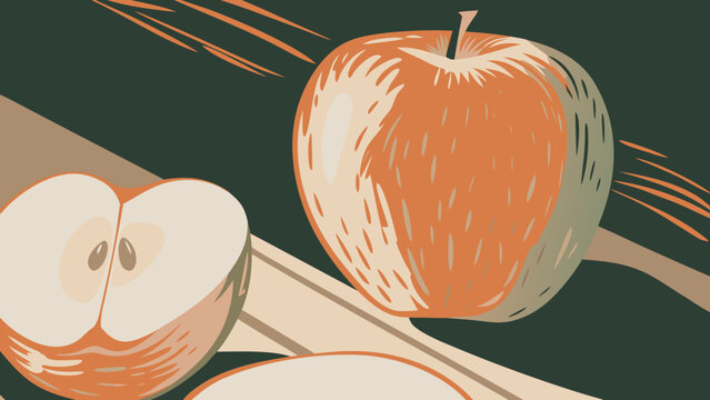 Whole apple, along with a halved apple and slices, rests on a textured surface with linear details, presented in a warm, rustic illustration against a dark green background.
