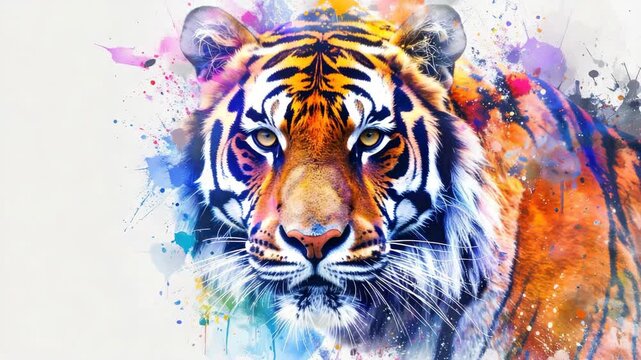 Vibrant watercolor tiger head illustration with colorful paint splashes and striking eyes