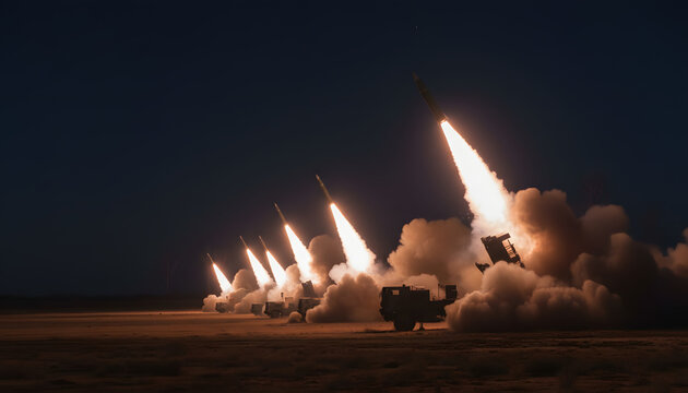Multiple rocket launchers firing missiles simultaneously during a nighttime military exercise