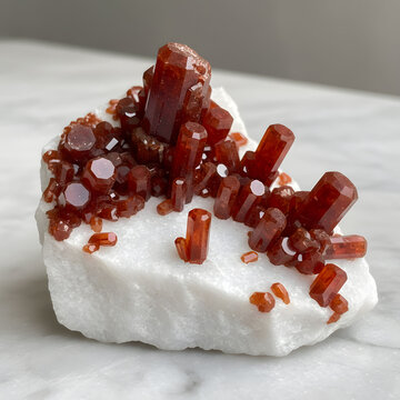 sample of raw vanadinite crystal on white marble