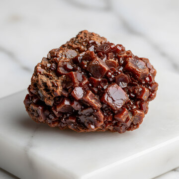 sample of raw vanadinite crystal on white marble