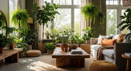 Fototapeta premium A cozy living room with a large window, green and brown plants, a wooden coffee table, and a gray sofa with orange pillows.