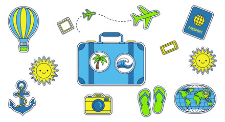 Cartoon Travel Icons: Suitcase, Airplane, Passport, Map, Hot Air Balloon, Camera © mus