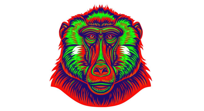 Vibrant Baboon Face Portrait - Psychedelic Colors, Artistic Illustration