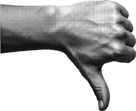 Retro halftone thumbs down hand sign vector illustration on transparent background showing failure and negative response