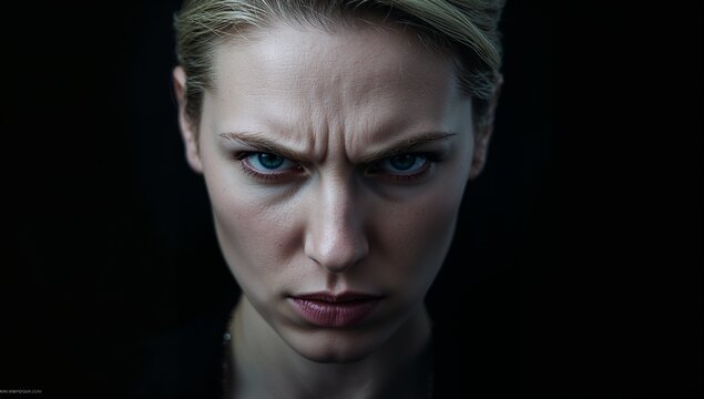 Close up portrait of a blonde woman with a tense face jaw clenched and narrowed eyes in high contrast studio lighting generative AI