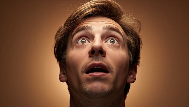 Portrait of an amazed brown haired man with wide eyes and open mouth looking upwards in magical bright soft lighting generative AI