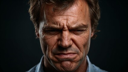 Obraz premium Portrait of a brown haired man with a grimace of disgust wrinkled nose and curled lip in harsh overhead lighting generative AI