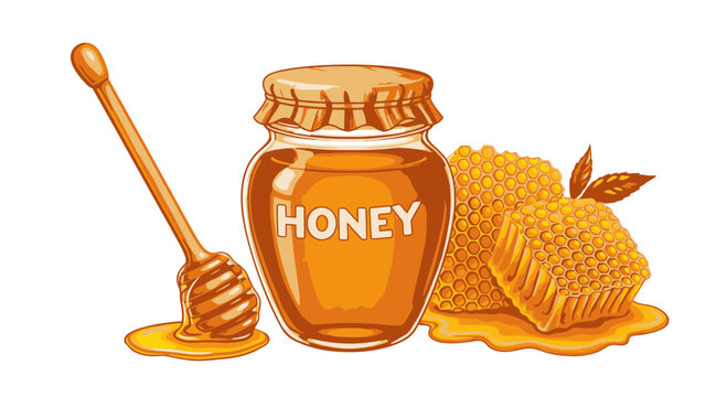 Honey jar with honeycomb and dipper.
