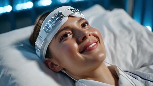 Serene Wellness Technology: A woman lies peacefully, testing a cutting-edge wellness device, radiating tranquility and hope for improved well-being.