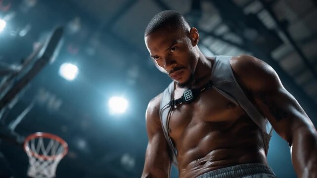 Basketball Athlete's Intense Focus: A determined athlete, drenched in sweat.