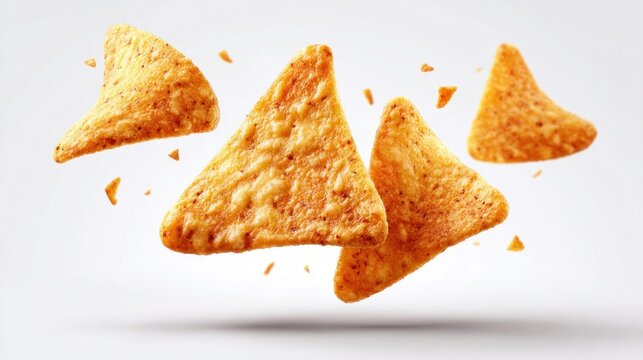 Crispy triangular tortilla chips are flying in the air against a light background