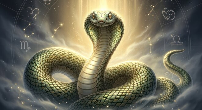 A mystical, illuminated cobra surrounded by astrological symbols and mystical energy.