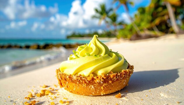 A vibrant key lime dessert with graham cracker crust rests on a sandy beach with turquoise ocean and palm trees in the background, evoking a tropical paradise.